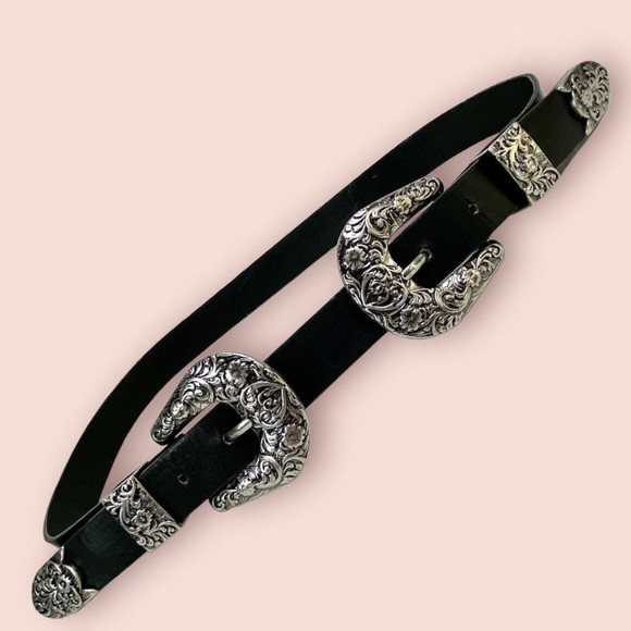 Unbranded Accessories - Double Buckle Belt Smooth Black Vegan Leather Silver Tone Hardware Western 32?